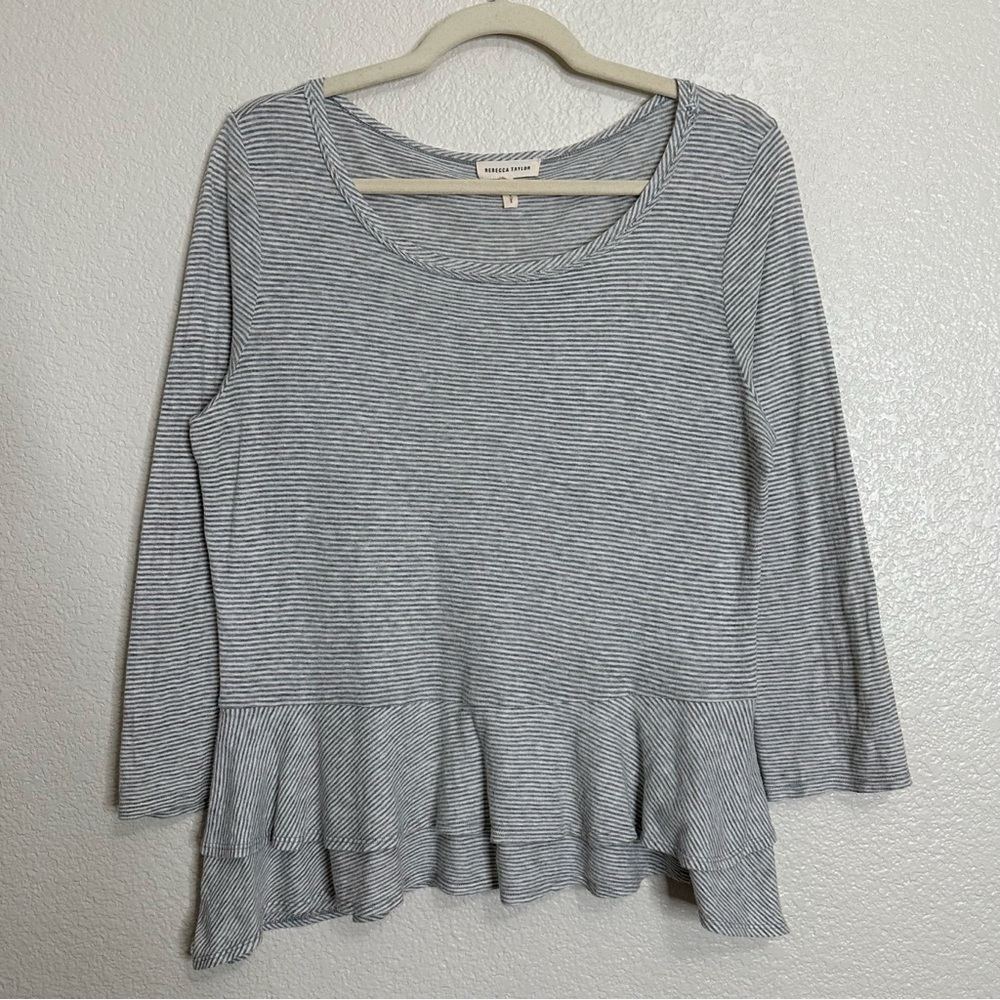 Rebecca Taylor 100% Cotton Gray Cream Striped Knit Peplum Top, Sz Large